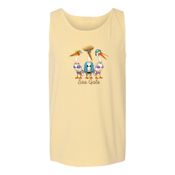Beige tank top with a graphic of three pelicans and 'Sea Gals' text on a white background