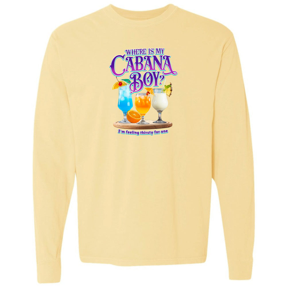Yellow long-sleeve shirt with a colorful graphic and text on a white background