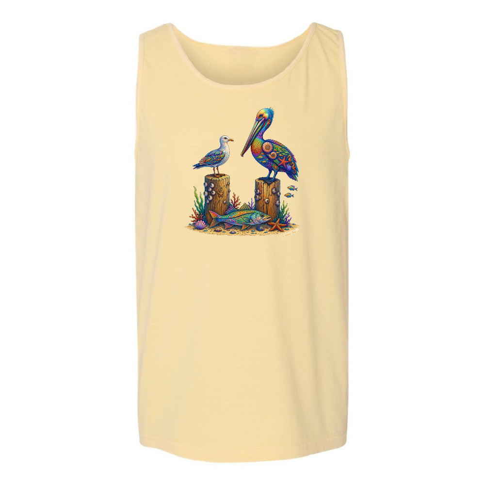 Beige tank top with a colorful bird design on a white background