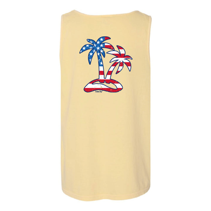 Yellow tank top with a graphic of palm trees in American flag colors on a white background
