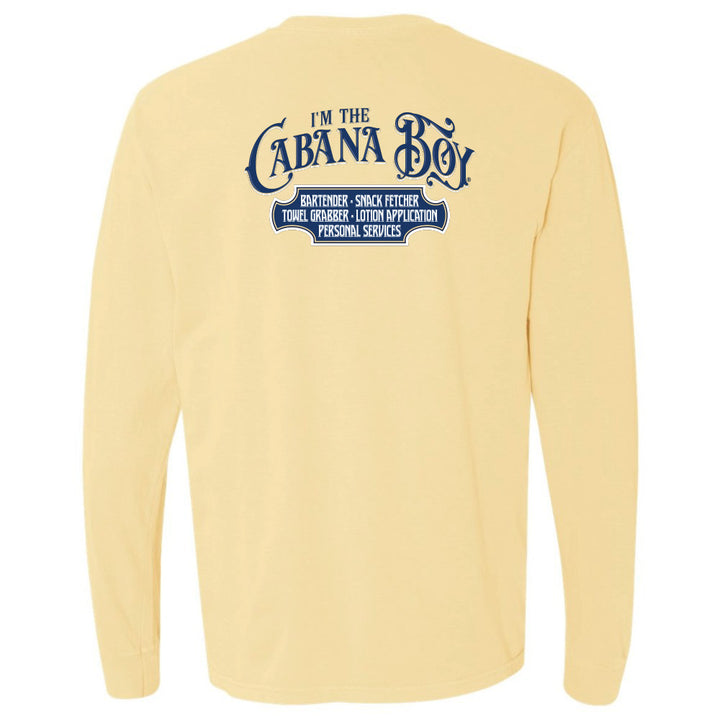 Yellow long-sleeve shirt with 'I'm the Cabana Boy' text on the back against a white background