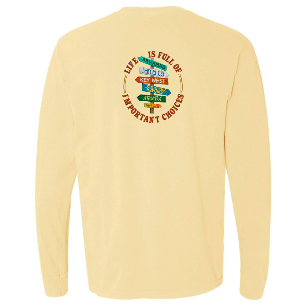 Yellow long-sleeve shirt with colorful text design on the back against a white background