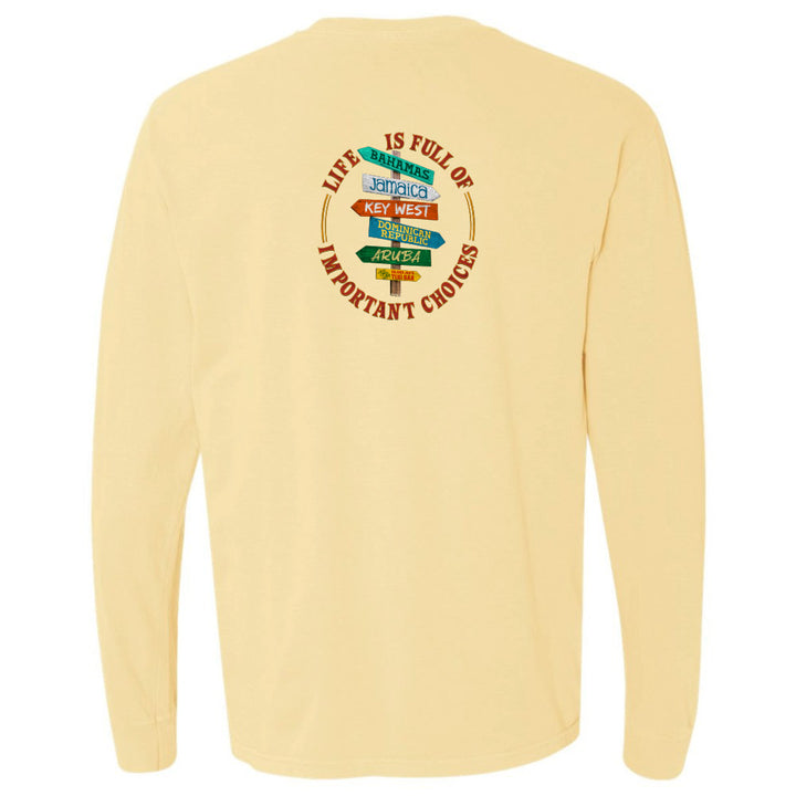 Yellow long-sleeve shirt with colorful text design on the back against a white background