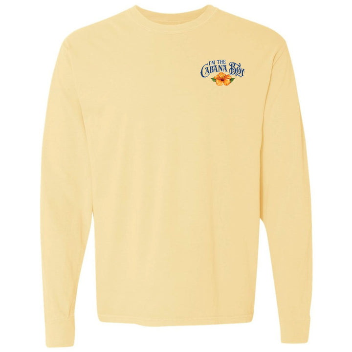 Yellow long-sleeve shirt with a logo on the chest against a white background