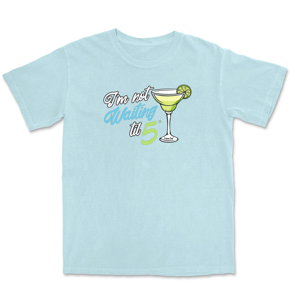 Light blue t-shirt with a cocktail graphic and text on a white background