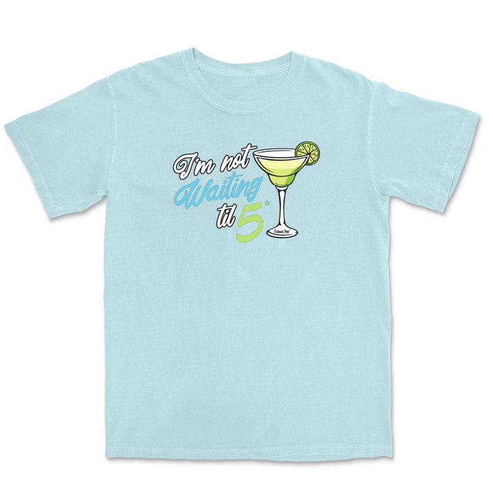 Light blue t-shirt with a cocktail graphic and text on a white background