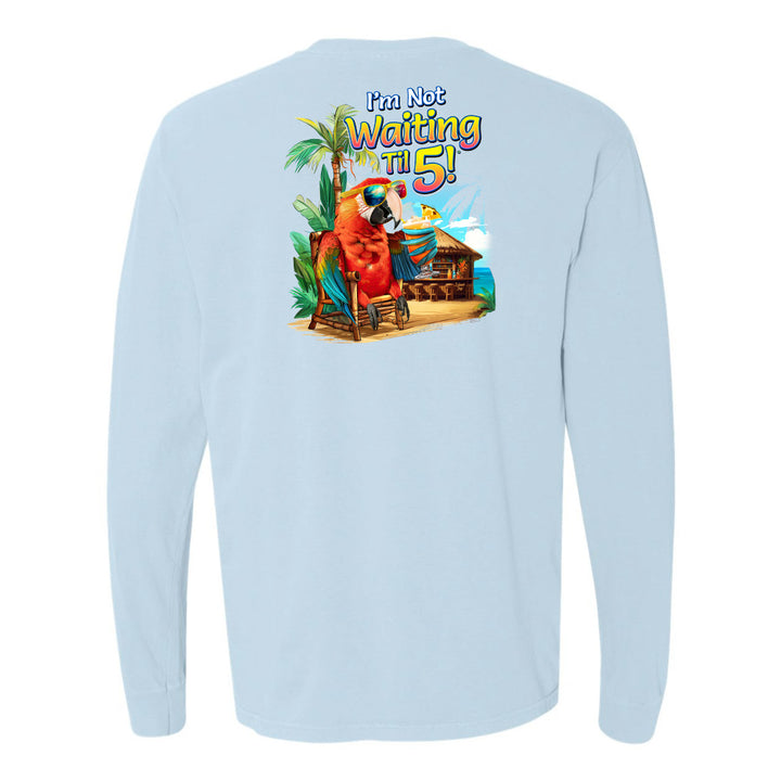 Light blue long-sleeve shirt with a colorful graphic of a parrot and text on the back.
