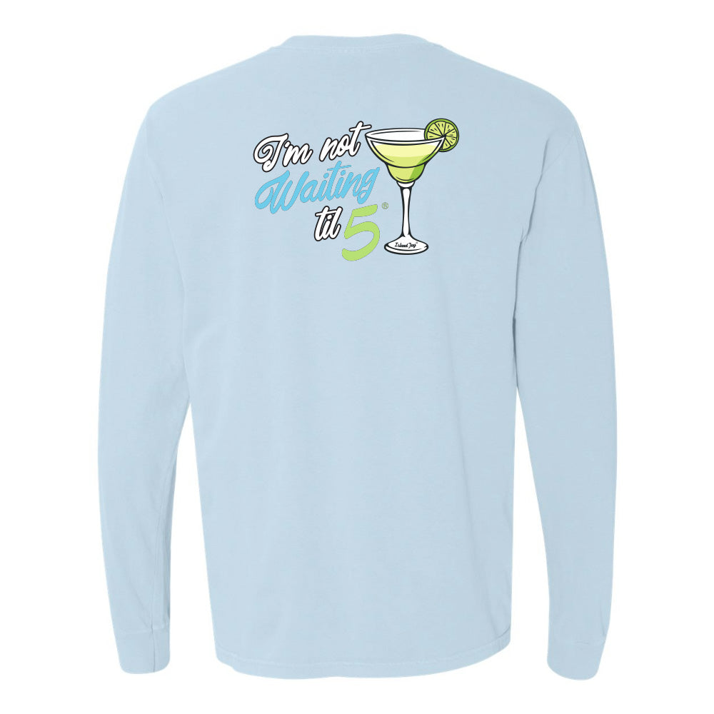 Light blue long-sleeve shirt with a graphic of a cocktail and text on the back.