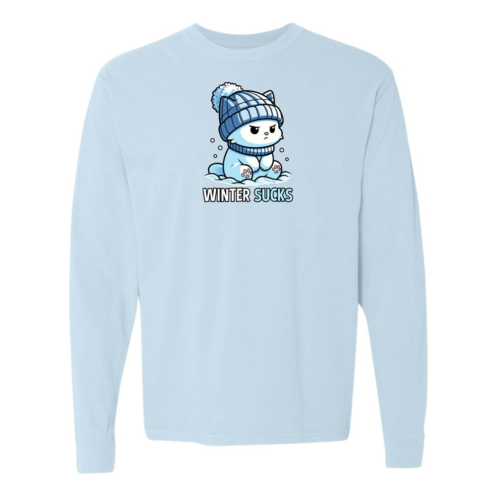Light blue sweatshirt with a cartoon character and 'Winter Sucks' text on a white background