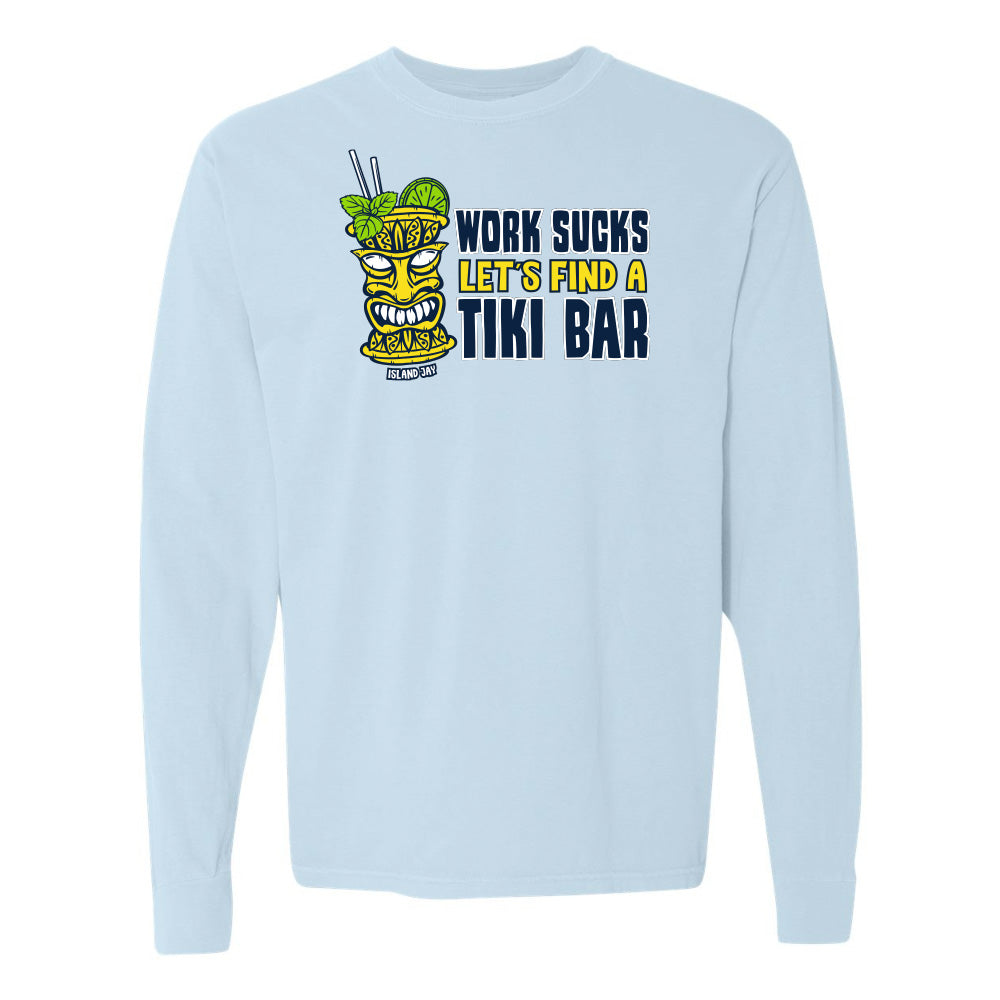 Light blue sweatshirt with a tiki bar graphic and text on a white background