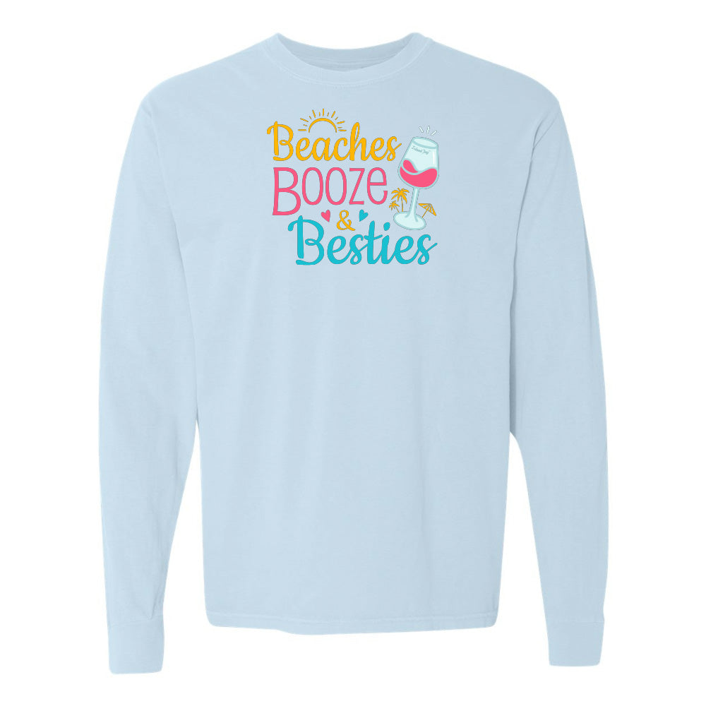 Light blue sweatshirt with 'Beaches Booze & Besties' text and graphics on a white background