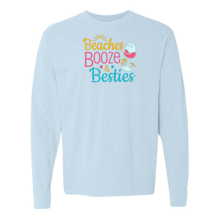 Light blue sweatshirt with 'Beaches Booze & Besties' text and graphics on a white background