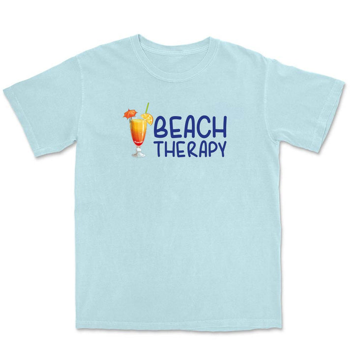 Light blue t-shirt with 'Beach Therapy' text and cocktail graphic on a white background