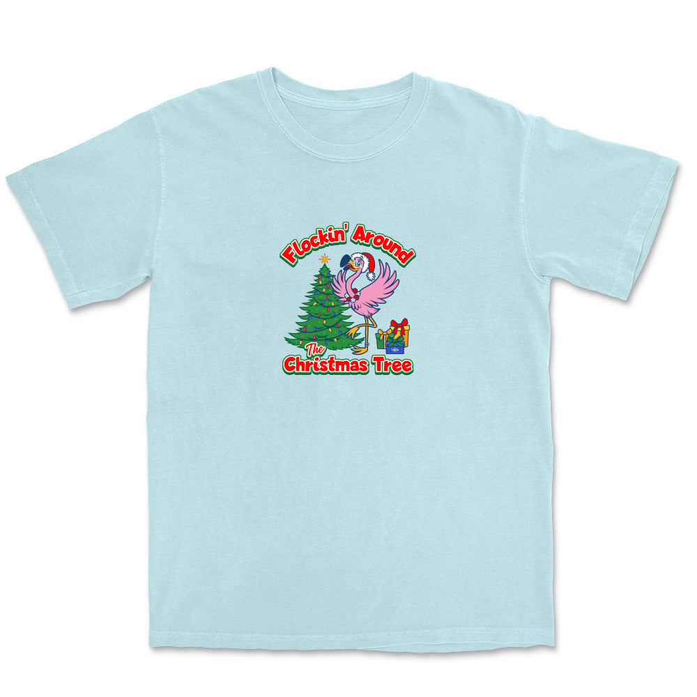Light blue t-shirt with a Christmas-themed graphic and text on a white background
