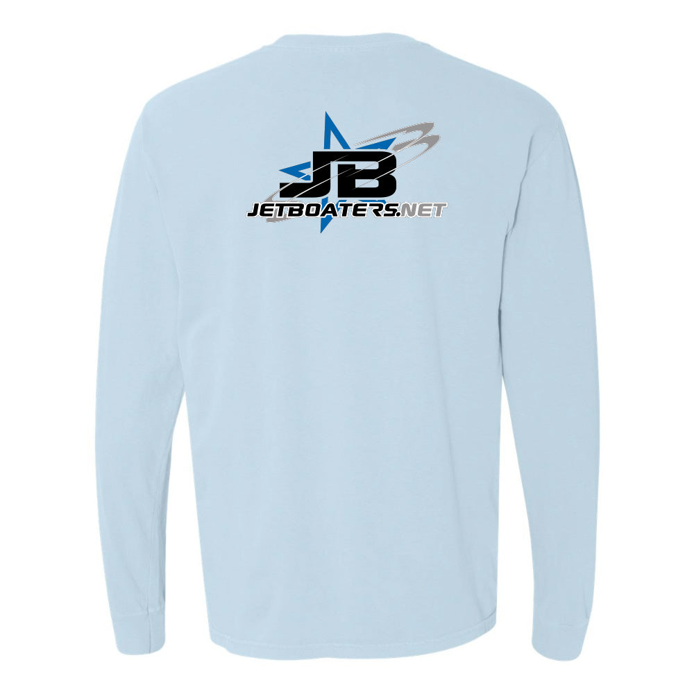 Light blue long-sleeve shirt with a logo and text on the back against a white background