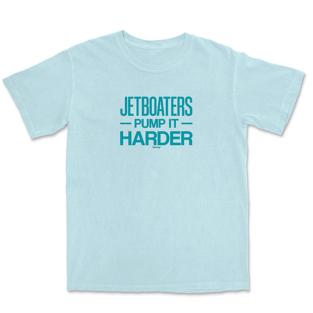 Light blue t-shirt with teal text on a white background