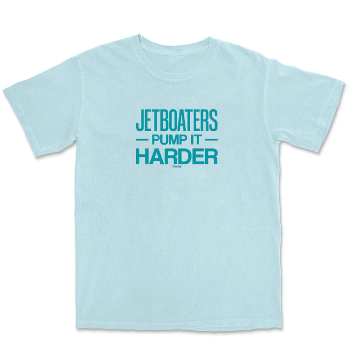 Light blue t-shirt with teal text on a white background