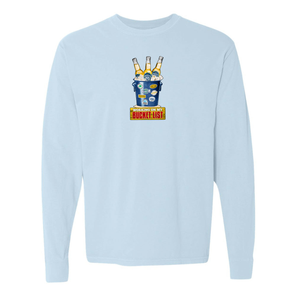 Light blue sweatshirt with a graphic design on the chest against a white background