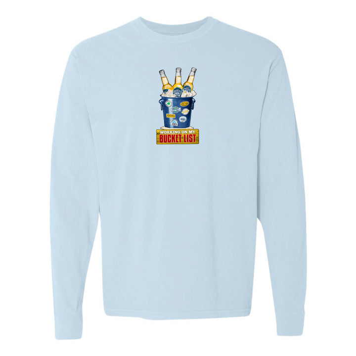 Light blue sweatshirt with a graphic design on the chest against a white background