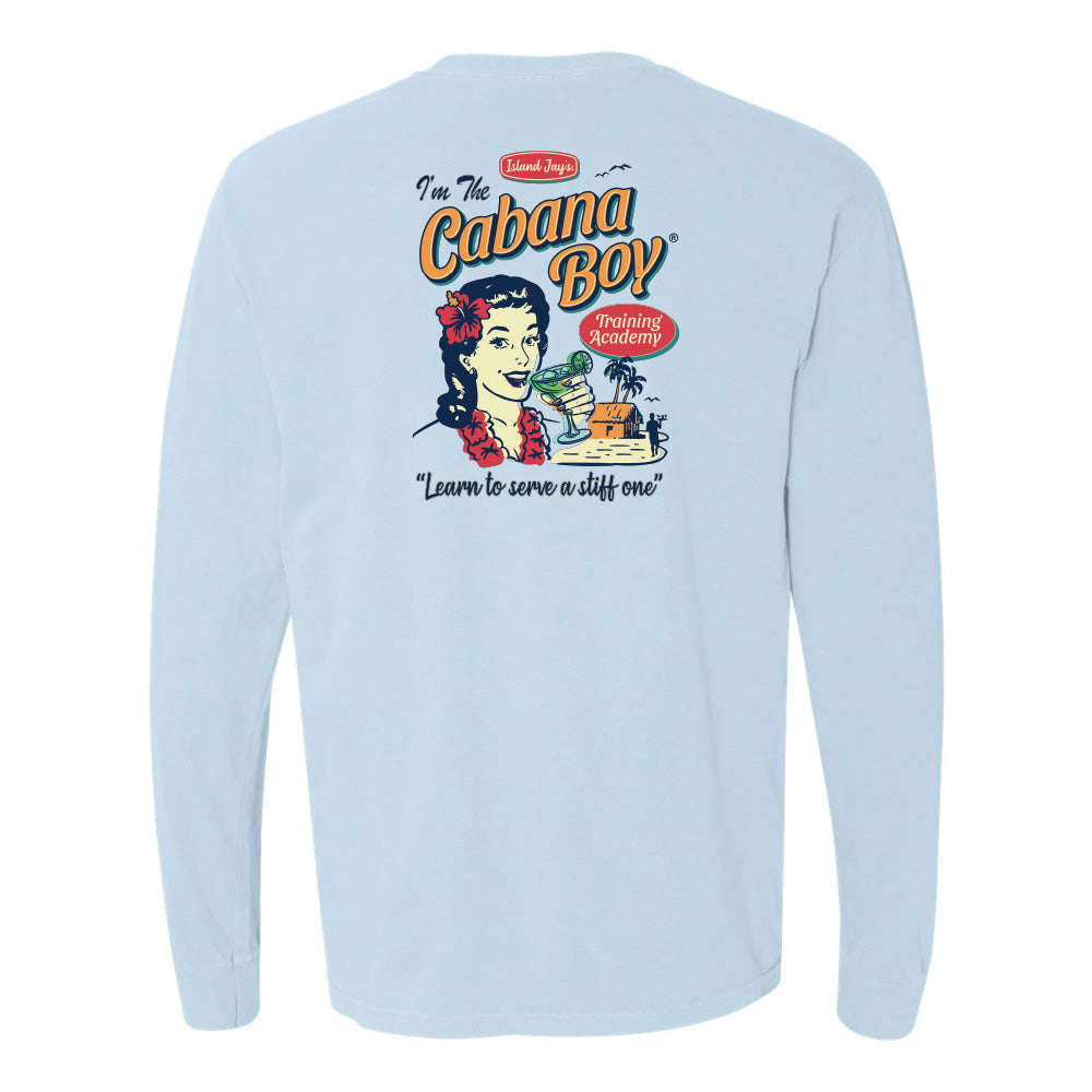 Light blue long-sleeve shirt with 'I'm the Cabana Boy' graphic on a white background