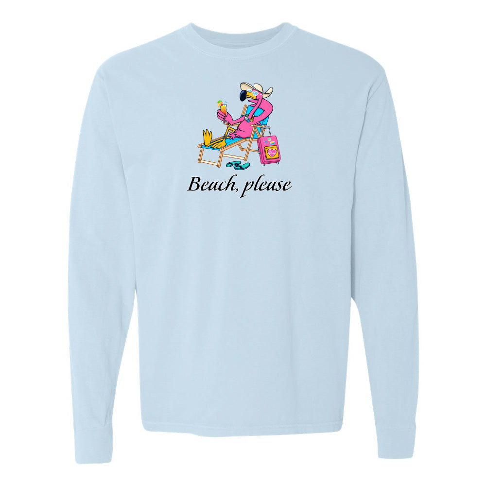 Light blue sweatshirt with cartoon character and 'Beach, please' text on a white background