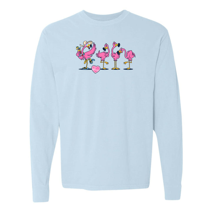 Light blue sweatshirt with cartoon flamingos design on a white background