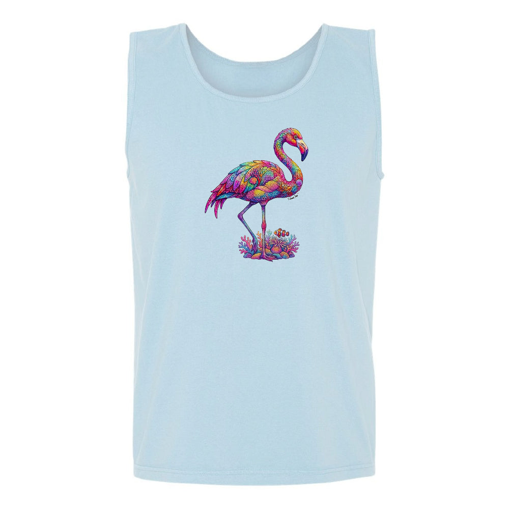 Light blue tank top with a colorful flamingo design on a white background