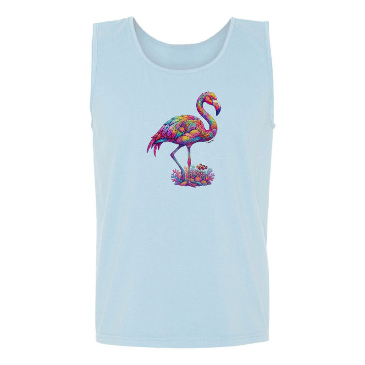 Light blue tank top with a colorful flamingo design on a white background