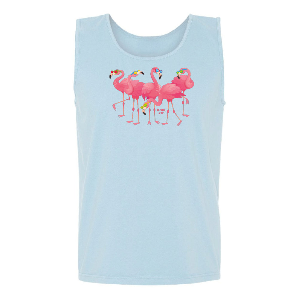 Light blue tank top with pink flamingo design on a white background