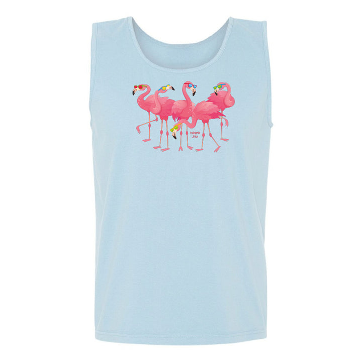 Light blue tank top with pink flamingo design on a white background