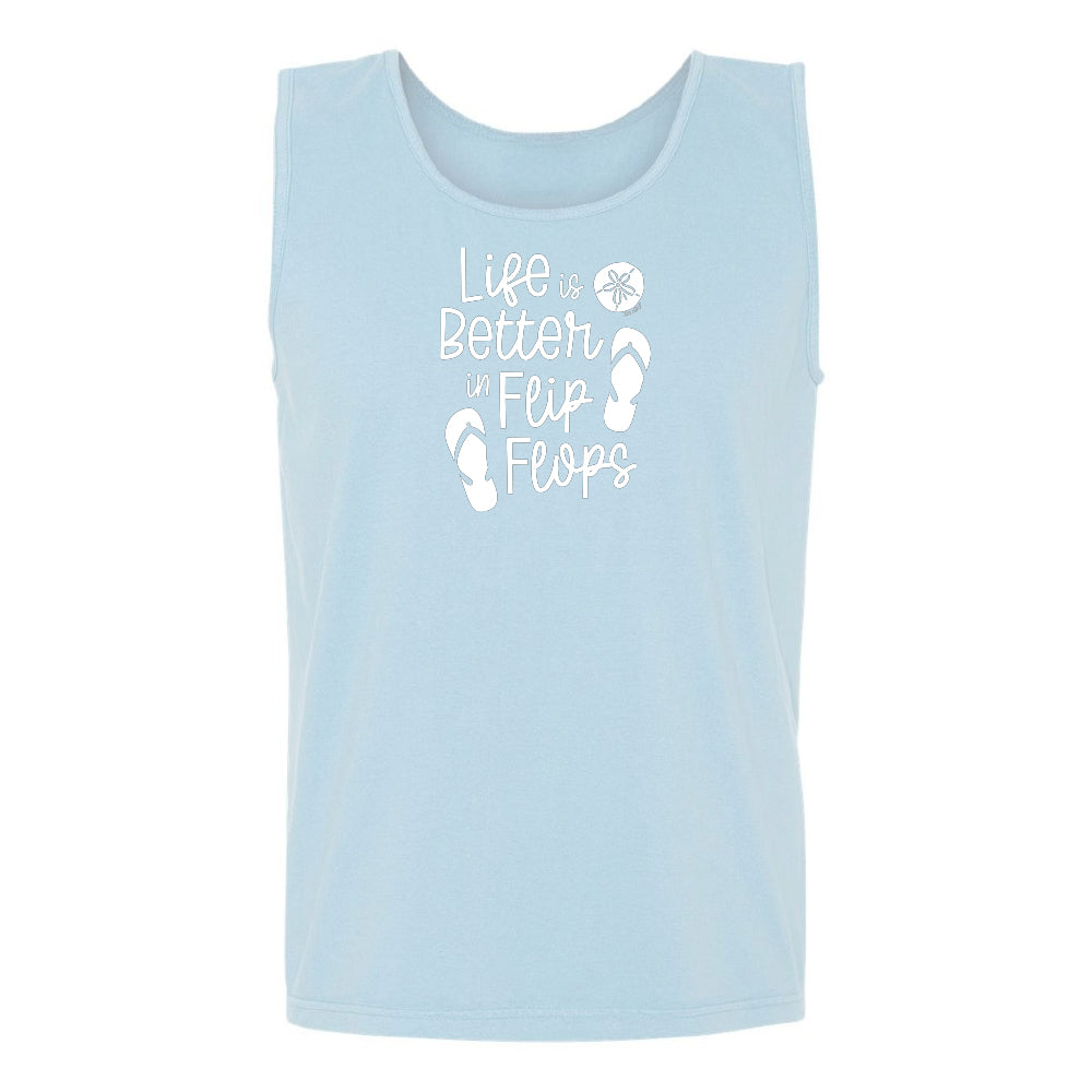 Light blue tank top with 'Life is Better in Flip Flops' text and flip flop icons on a white background