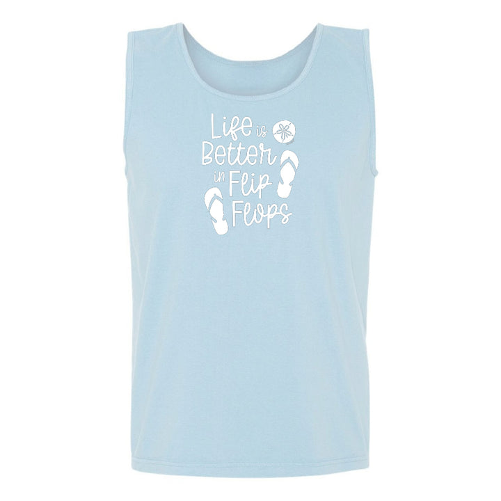 Light blue tank top with 'Life is Better in Flip Flops' text and flip flop icons on a white background