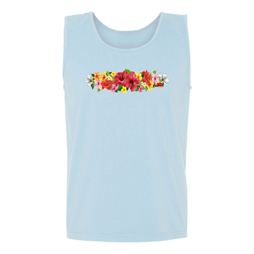 Light blue tank top with colorful floral design on a white background
