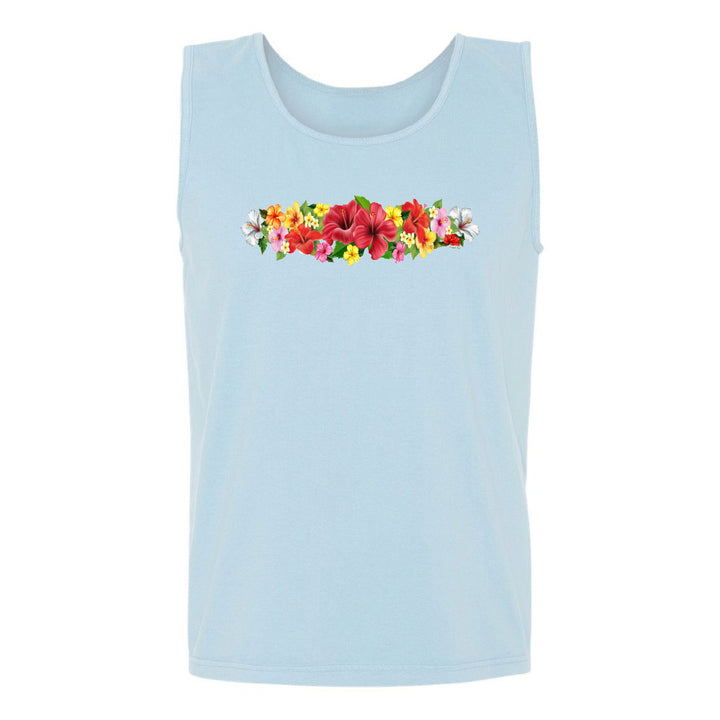 Light blue tank top with colorful floral design on a white background