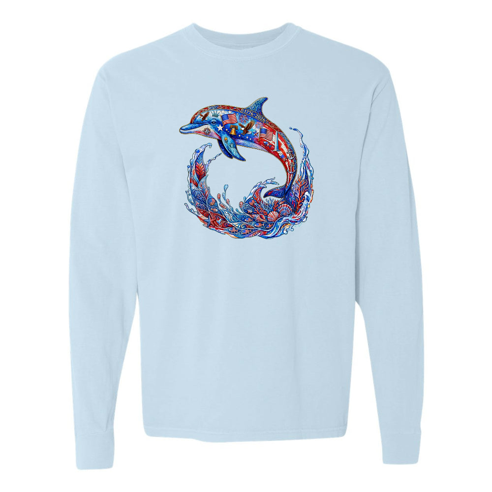 Light blue sweatshirt with a colorful dolphin design on a white background