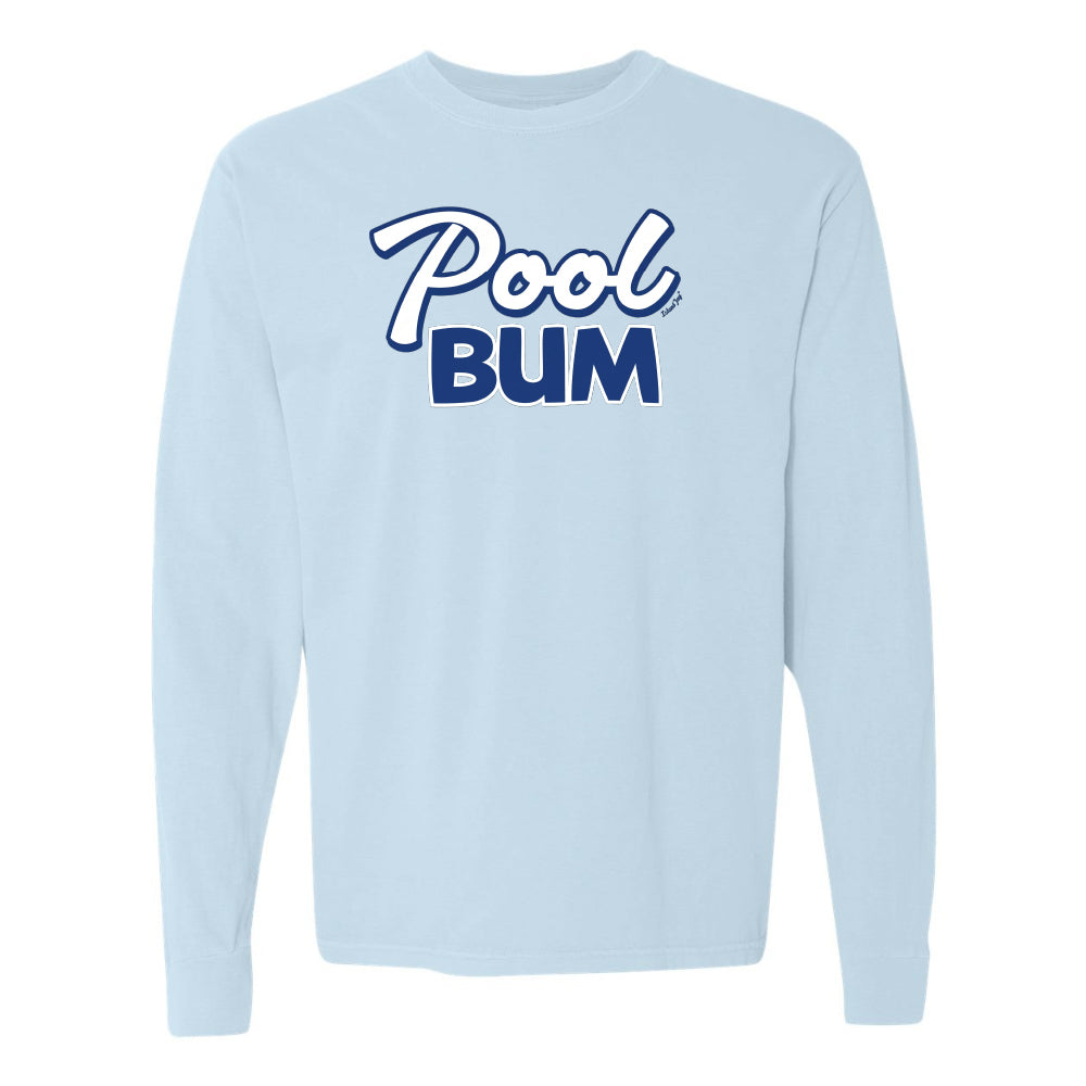 Light blue sweatshirt with 'Pool Bum' text on a white background