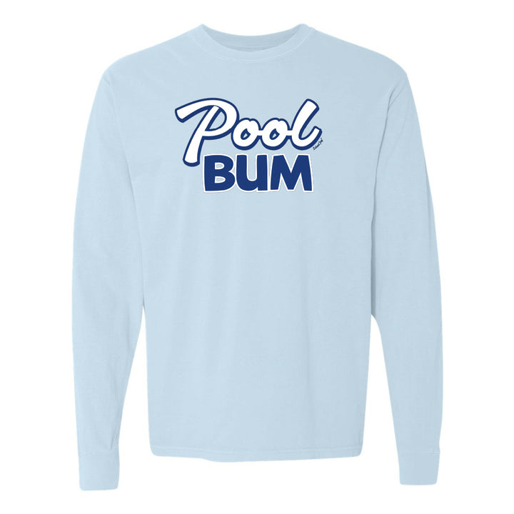 Light blue sweatshirt with 'Pool Bum' text on a white background
