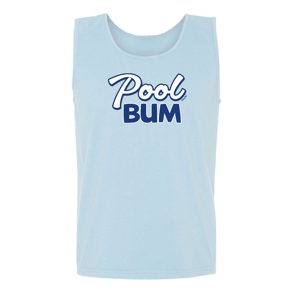 Light blue tank top with 'Pool Bum' text on a white background