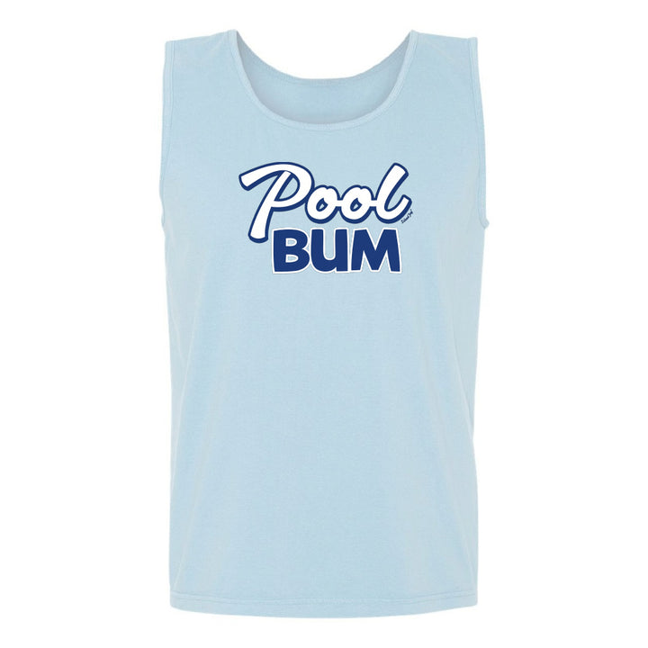 Light blue tank top with 'Pool Bum' text on a white background