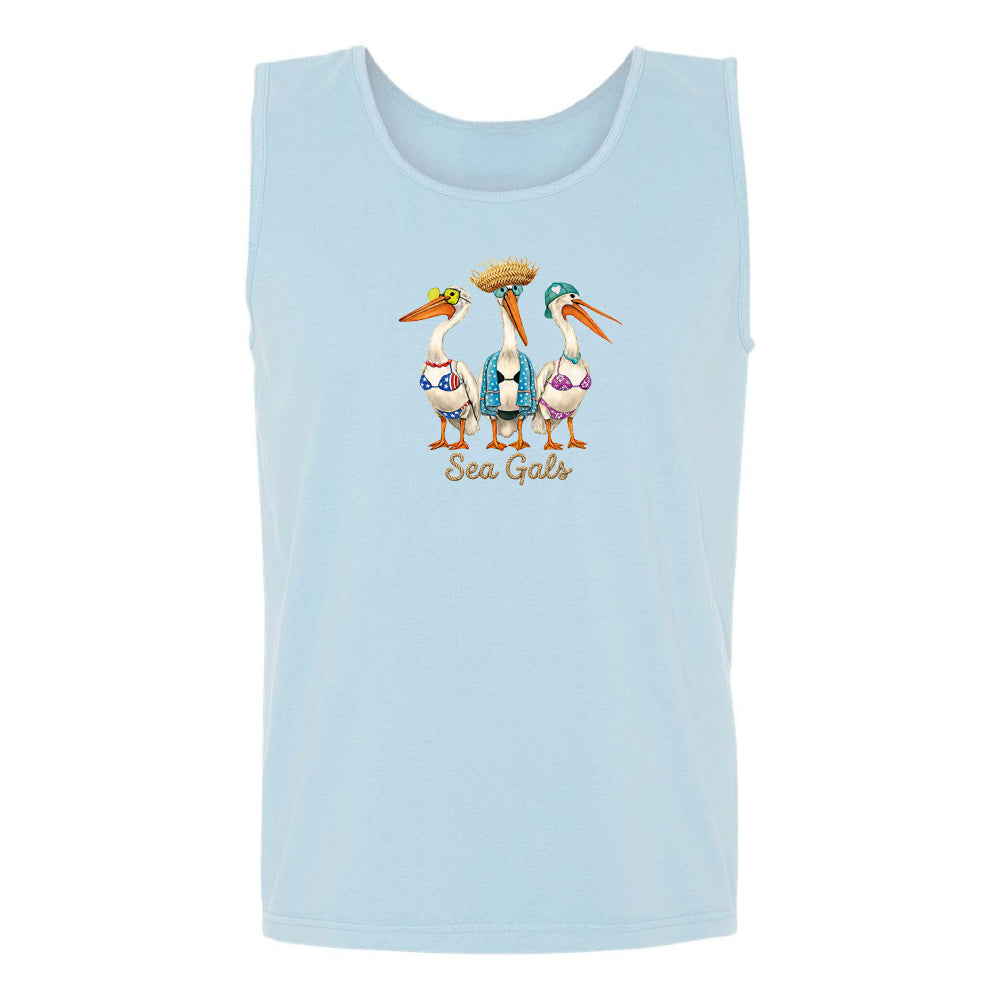 Light blue tank top with 'Sea Gals' graphic design on a white background