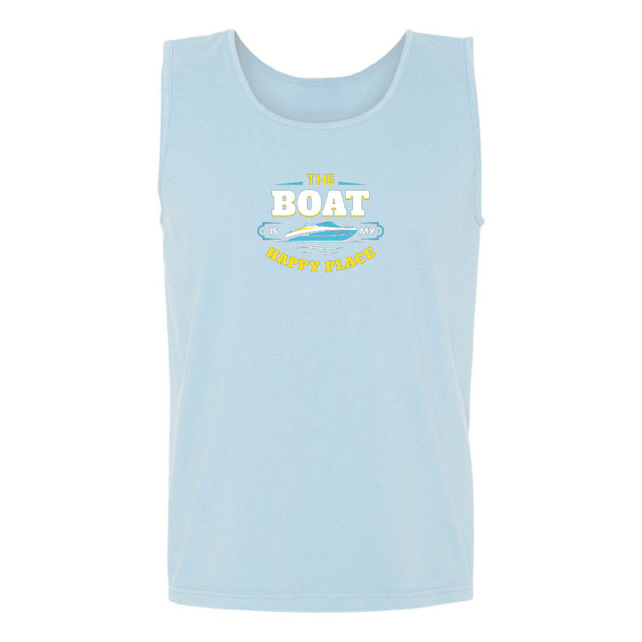 Light blue tank top with 'The Boat Happy Place' text and graphic on a white background