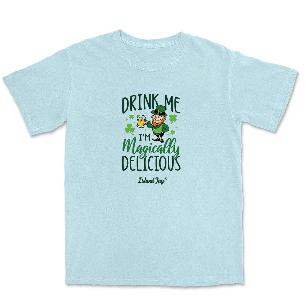 Light blue t-shirt with a graphic and text on a white background