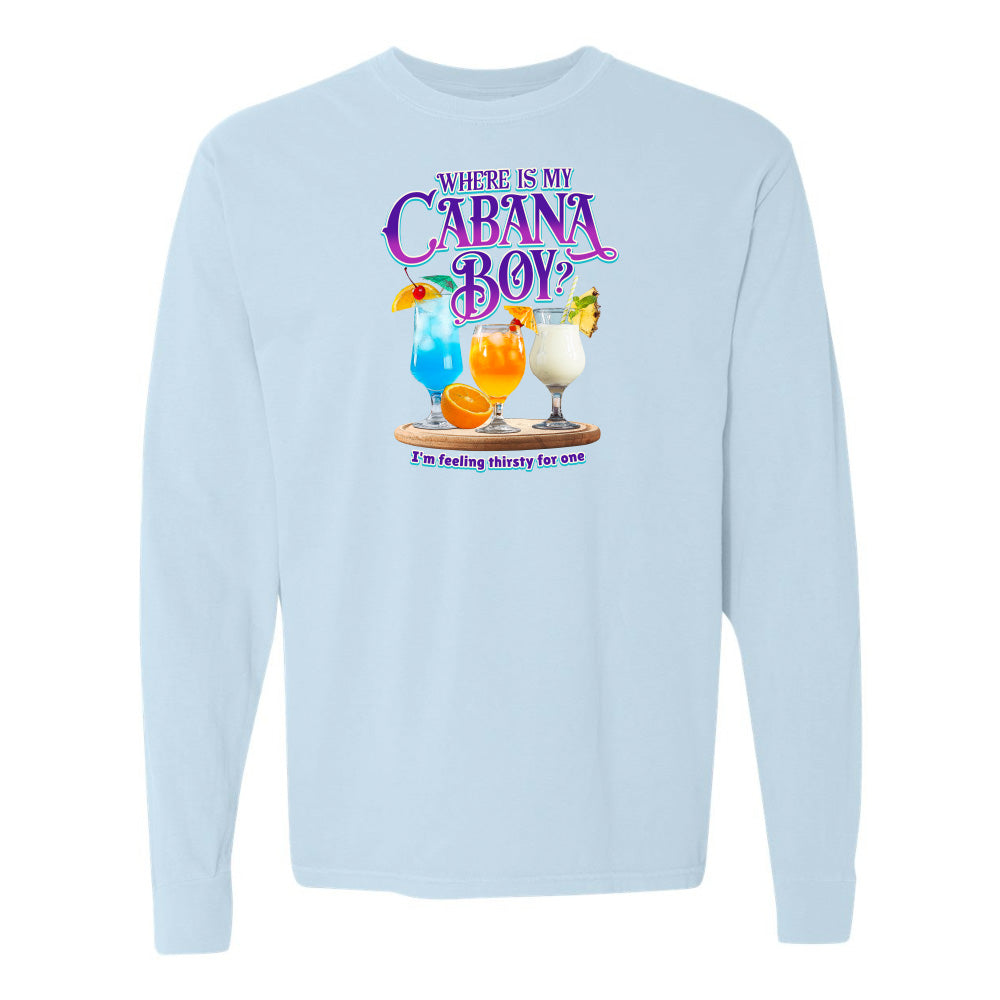 Light blue sweatshirt with tropical drink graphic and text on a white background