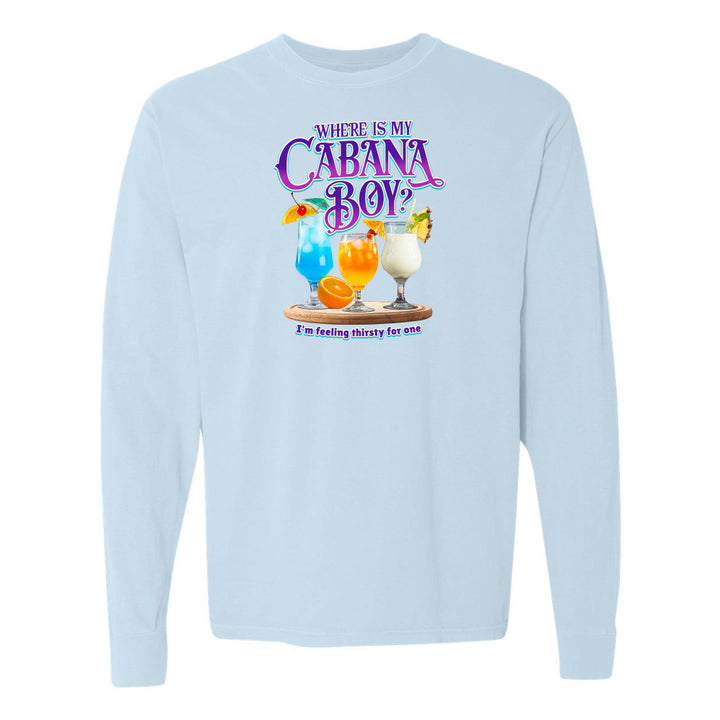 Light blue sweatshirt with tropical drink graphic and text on a white background