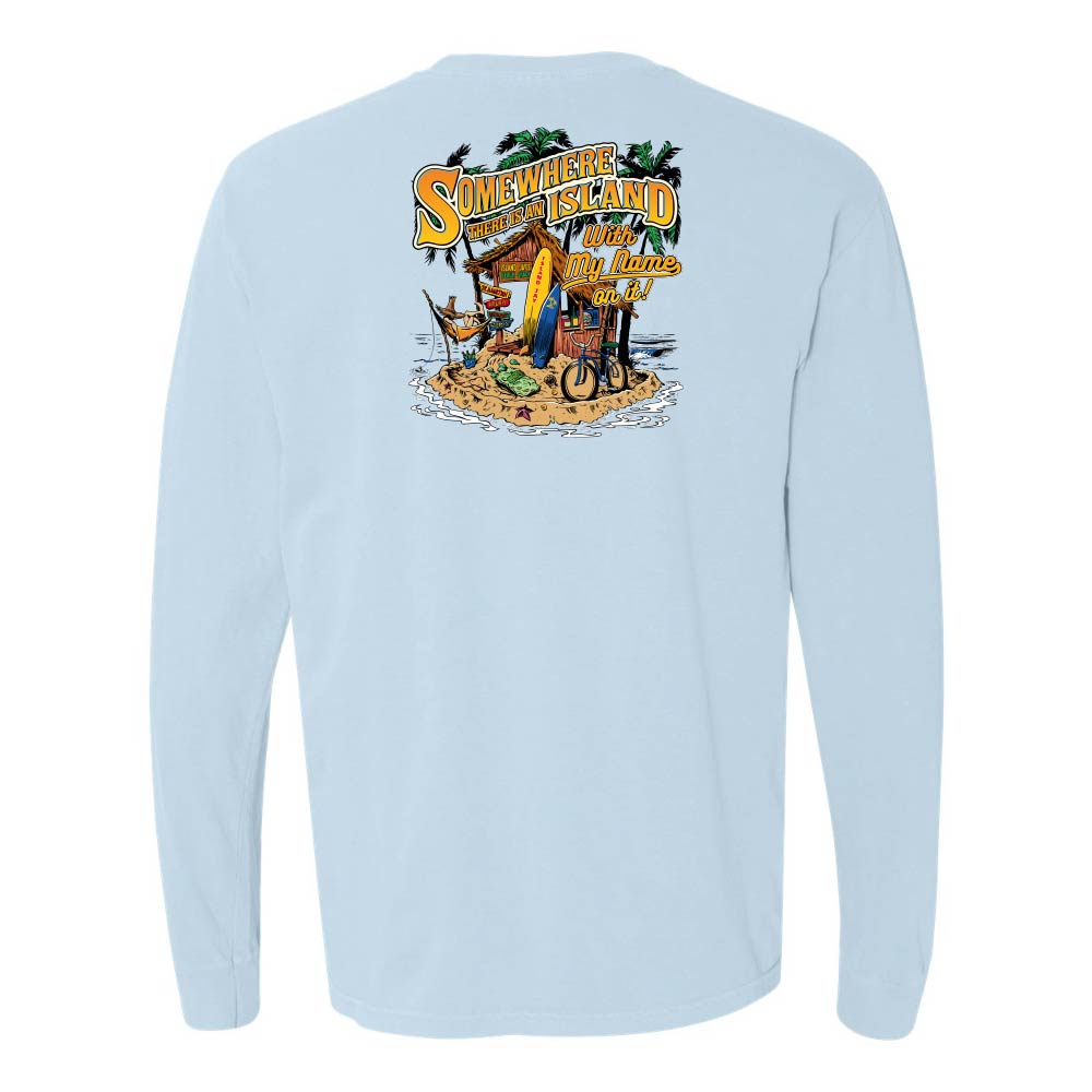Light blue long-sleeve shirt with a colorful graphic on the back against a white background