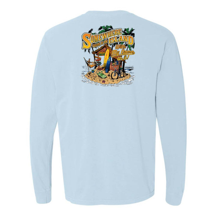 Light blue long-sleeve shirt with a colorful graphic on the back against a white background
