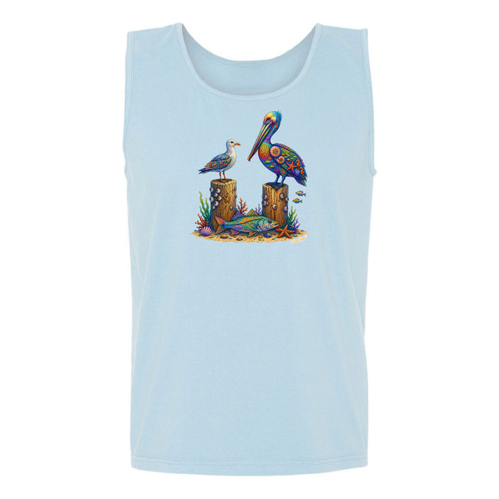 Light blue tank top with a colorful pelican design on a white background