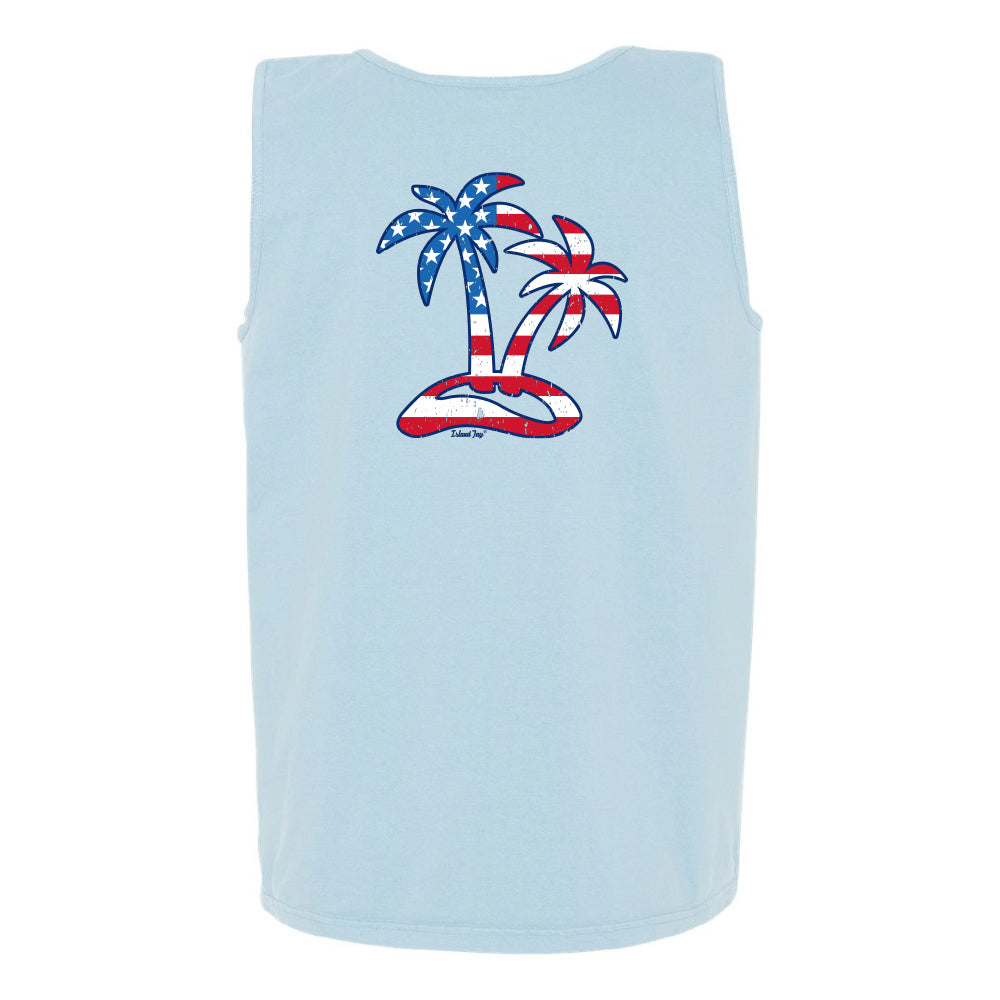 Light blue tank top with American flag palm trees design on a white background