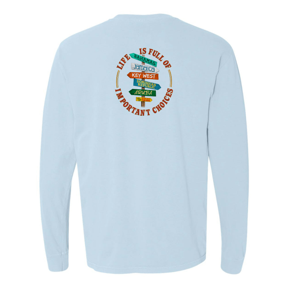 Light blue long-sleeve shirt with colorful graphic on the back