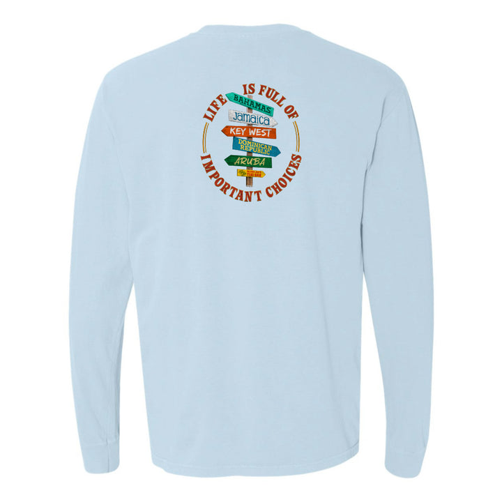 Light blue long-sleeve shirt with colorful graphic on the back